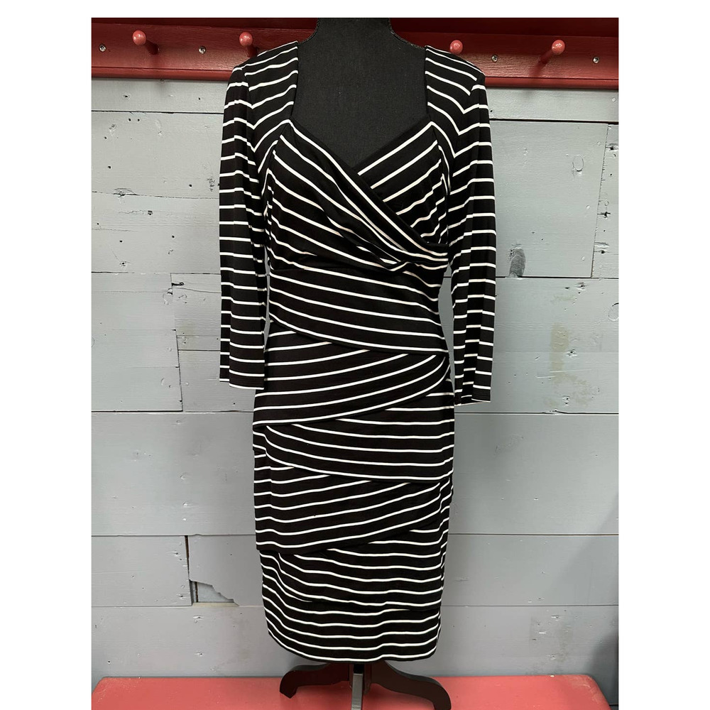 White House Black Market Black and White Striped Long Sleeve Dress